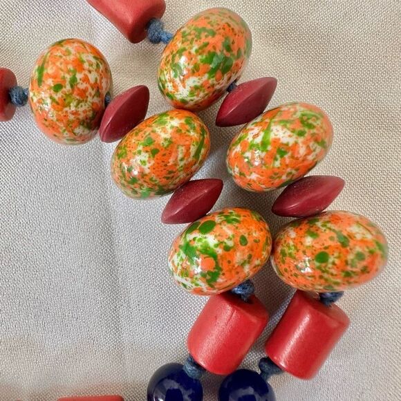 Red orange and blue long beaded necklace - Picture 4 of 9